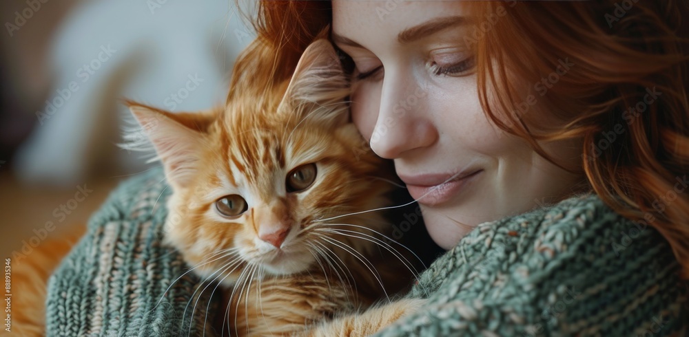 Woman With Red Hair Holding Orange Tabby Cat Indoors During the Day Woman With Red Hair Holding Orange Tabby Cat Indoors During the Day