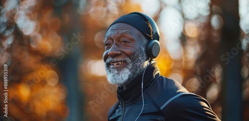 Senior Man Jogging In Park With Headphones On