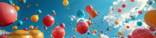 Colorful Balloons Floating Upward Against a Blue Sky