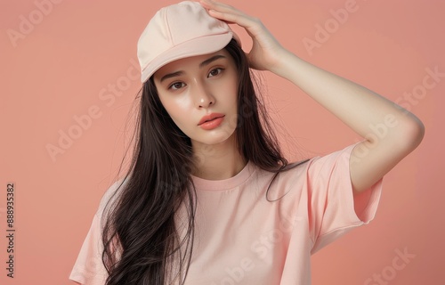 Young Woman in White Baseball Cap Posing Against Pink Background