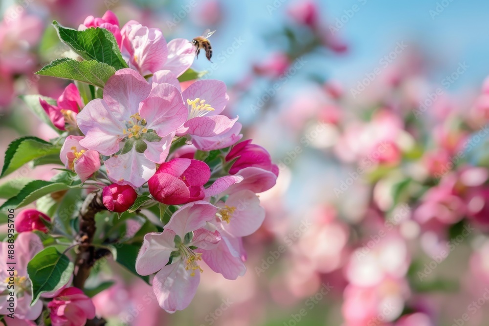 Close-up shot of pink apple blossoms in full bloom, with a bee hovering nearby, set against a soft blue sky background Close-up shot of pink apple blossoms in full bloom, with a bee hovering nearby, set against a soft blue sky background