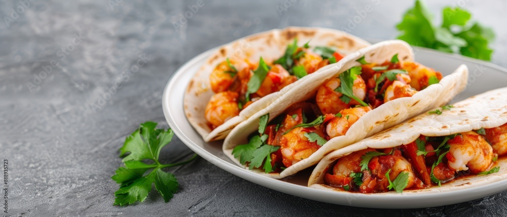 A plate of shrimp tacos garnished with cilantro A plate of shrimp tacos garnished with cilantro