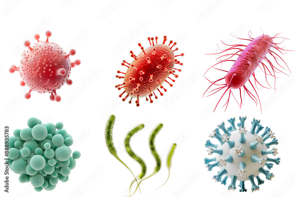set bacteries with chlamydia, streptococcus, salmonella, spirochetes, proteus, coronavirus is isolated on a transparent background. Microbiology, the study of microorganisms, infections, bacteria