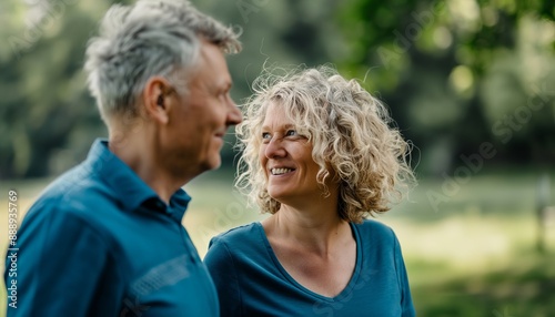 Happy smiling elderly couple walking in the park.