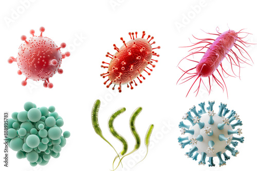 set bacteries with chlamydia, streptococcus, salmonella, spirochetes, proteus, coronavirus is isolated on a transparent background. Microbiology, the study of microorganisms, infections, bacteria