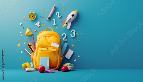 Back to school banner with copy space. School bag with supplies for school.  photo