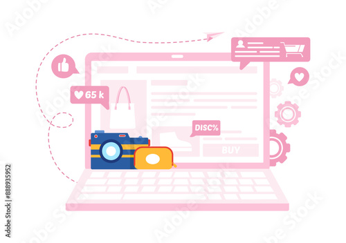 Vector Illustration for a Fashion Blog with Bloggers Reviewing Videos of Fashionable Clothing Trends, Featuring an Online Runway in a Flat Background