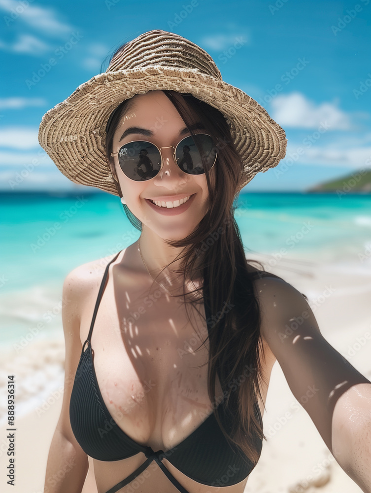 Beautiful young 25yo model wearing a straw hat and sunglasses in black bikini on a summer sand beach taking selfie with blue ocean on the background for her social media post travel blog Beautiful young 25yo model wearing a straw hat and sunglasses in black bikini on a summer sand beach taking selfie with blue ocean on the background for her social media post travel blog