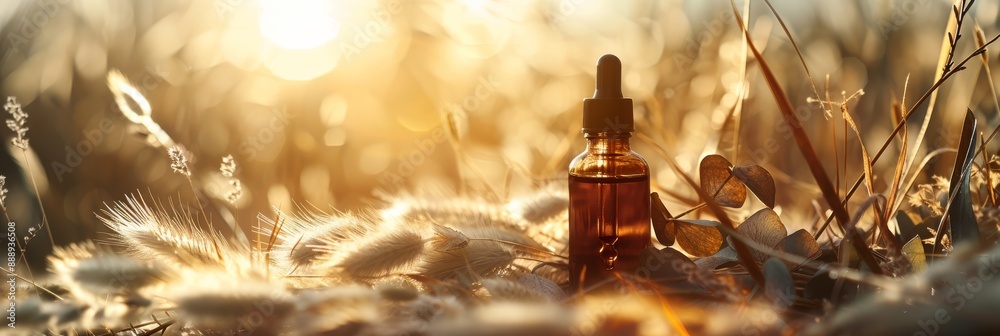 A close-up of a luxurious amber glass dropper bottle resting on a bed of dried eucalyptus and pampas grass, bathed in the warm light of the setting sun