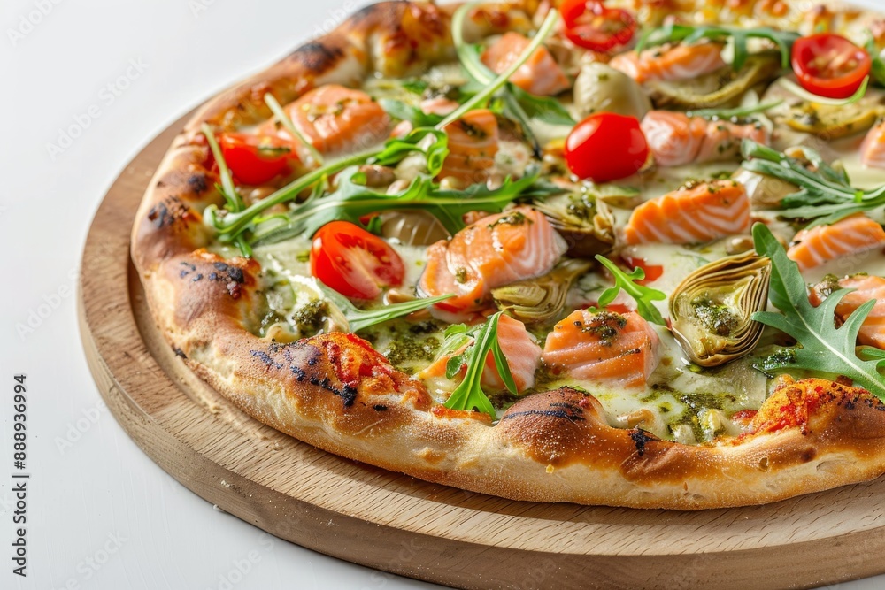 Salmon Pizza with Salmon, Seafood Flatbread with Pickled Artichokes, Arugula, Cherry Tomatoes Salmon Pizza with Salmon, Seafood Flatbread with Pickled Artichokes, Arugula, Cherry Tomatoes