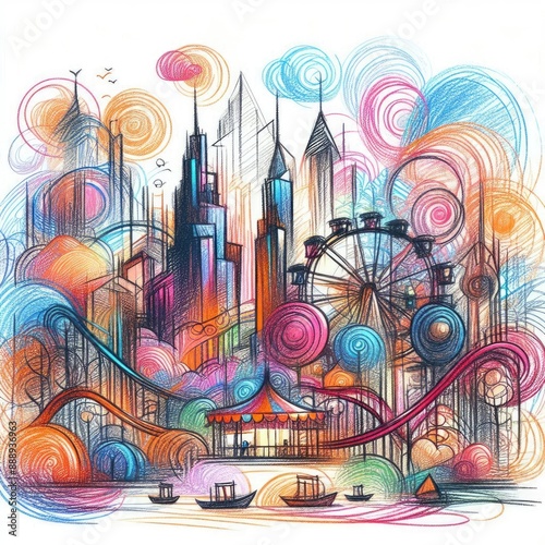 Vibrant Carnival Fantasy: A Colorful Doodle of Amusement Park Wonders with Generative AI.