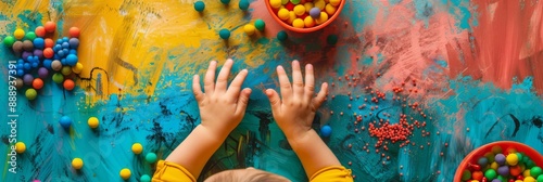 A child's hands interact with colorful sensory toys scattered across a brightly painted surface