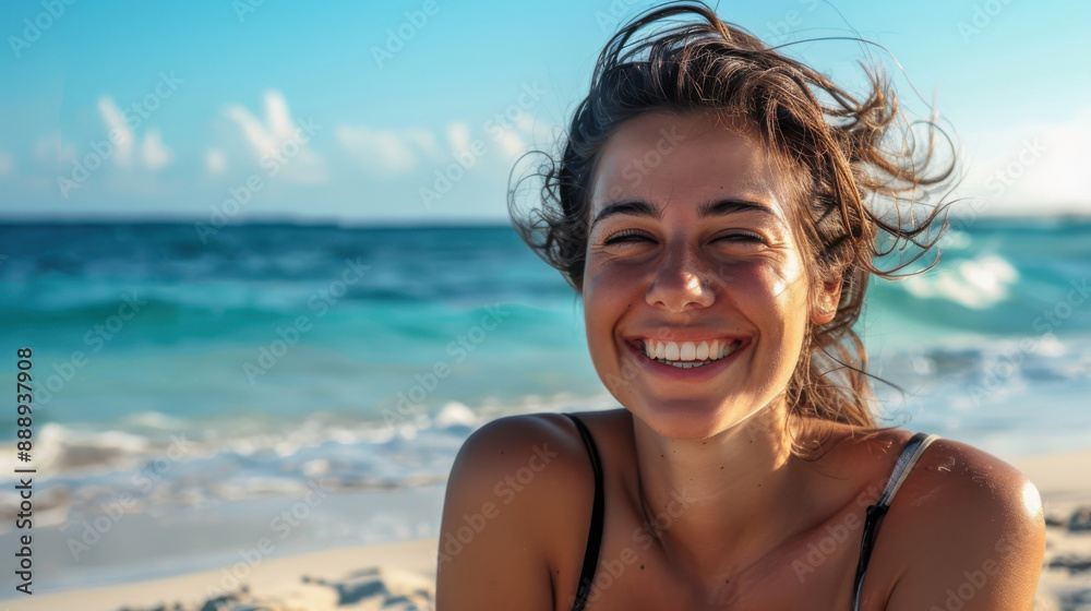 A woman with a cheerful smile, relaxing on a sandy beach with the ocean in the background. A woman with a cheerful smile, relaxing on a sandy beach with the ocean in the background.