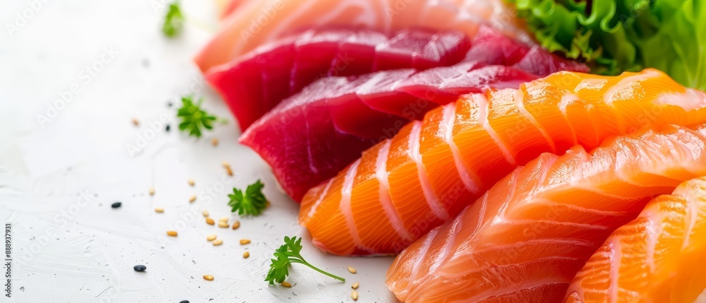 A tight shot of arranged fish on a pristine white background with lettuce and garnishes A tight shot of arranged fish on a pristine white background with lettuce and garnishes