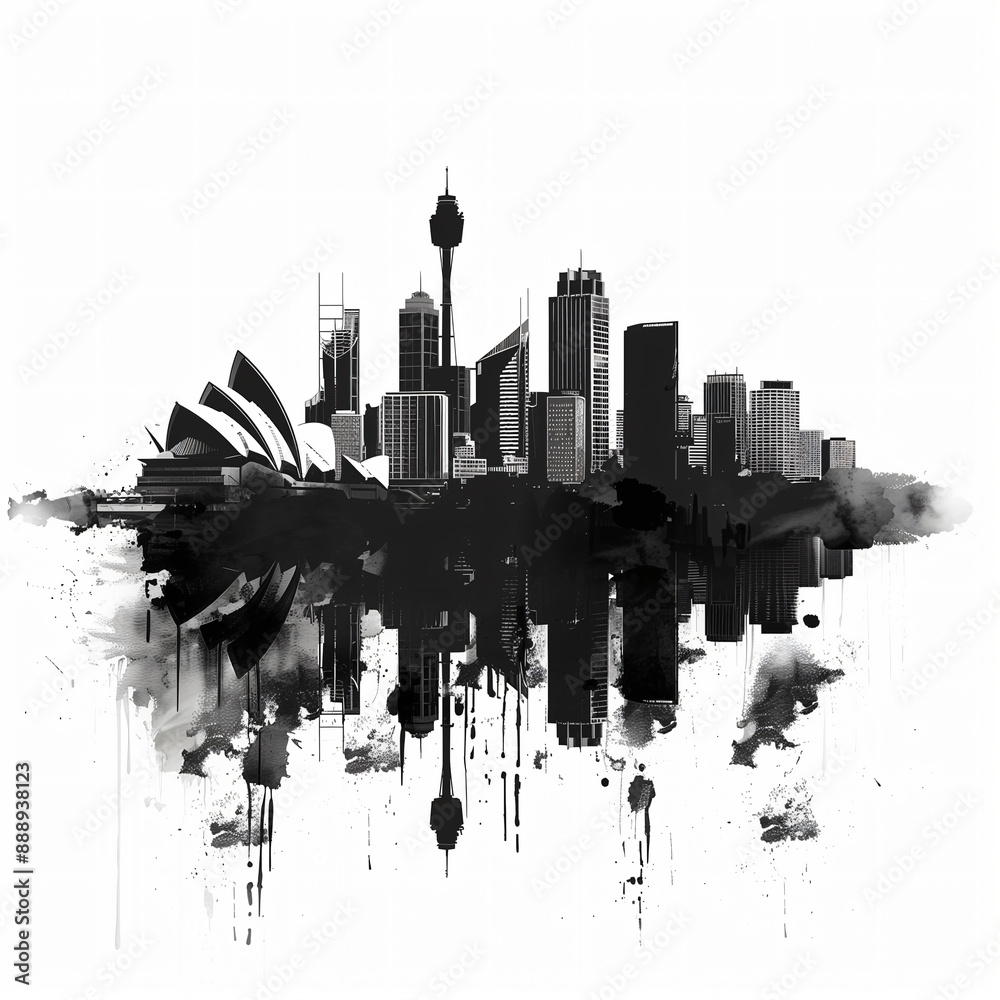 Obraz premium Black and white illustration of the sydney skyline reflecting in water with ink splashes
