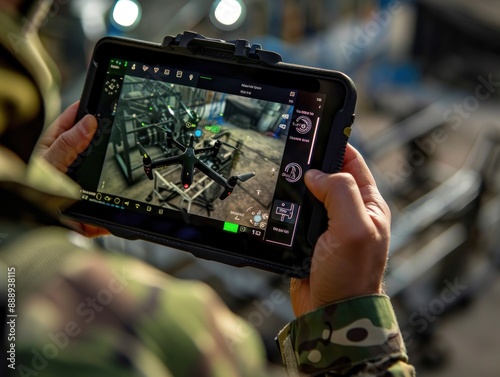 Military Operator Controlling a Drone with Tablet