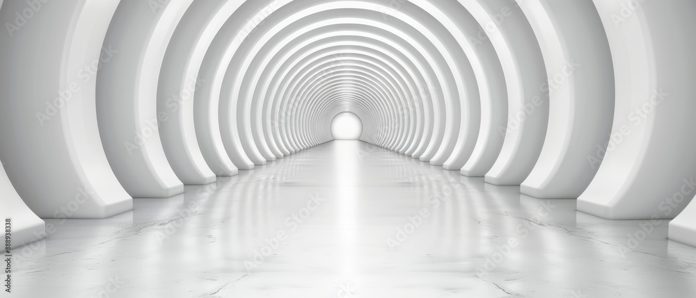 Obraz premium A long white corridor featuring white pillars and a light at its endpoint