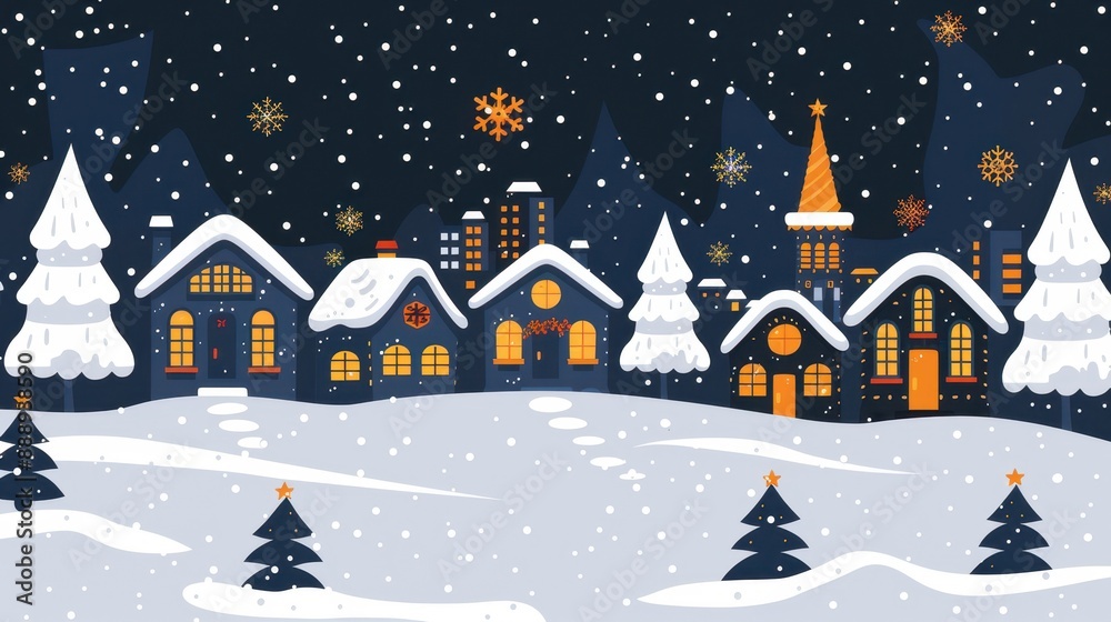 Naklejka premium Cozy Winter Night in a Snowy Town
