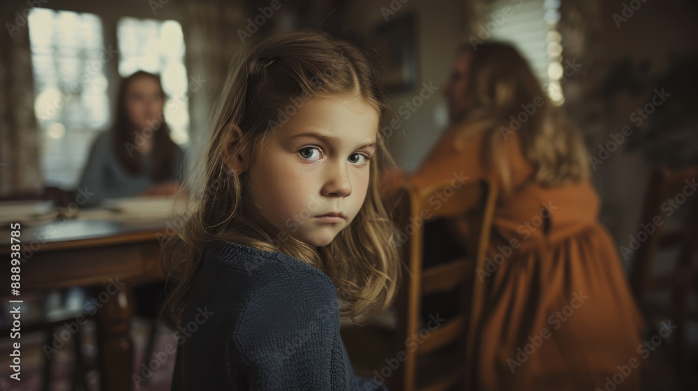 A young girl sitting alone while her parents argue in the background A young girl sitting alone while her parents argue in the background