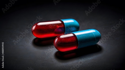 Two Blue red medicine pill tablets on black background, medical vitamin capsule drugs for healthcare treatment, pain relief pharmaceutical medicine