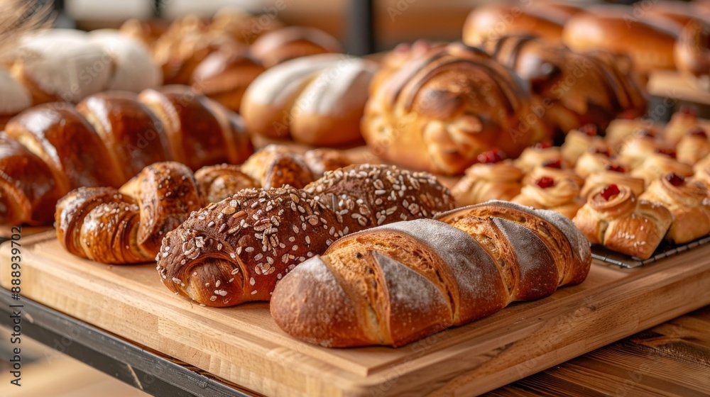 Baking extravaganza showcasing a variety of artisan bread and pastries cooling on a wooden rack, inviting and warm Baking extravaganza showcasing a variety of artisan bread and pastries cooling on a wooden rack, inviting and warm