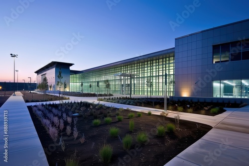 Wallpaper Mural Modern penitentiary center exterior view at dusk with landscaped grounds Torontodigital.ca