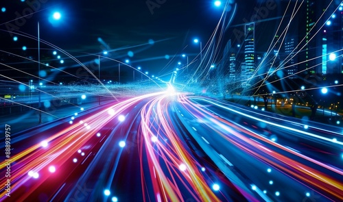 Night traffic light lines of cars in motion on a city highway with technology light effect with background blur © Зайцева Ирина