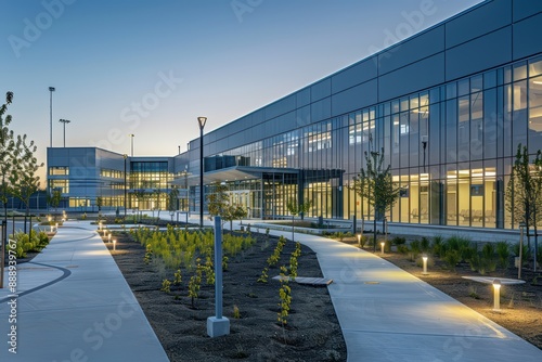 Wallpaper Mural Modern penitentiary center exterior view at dusk with illuminated pathways Torontodigital.ca