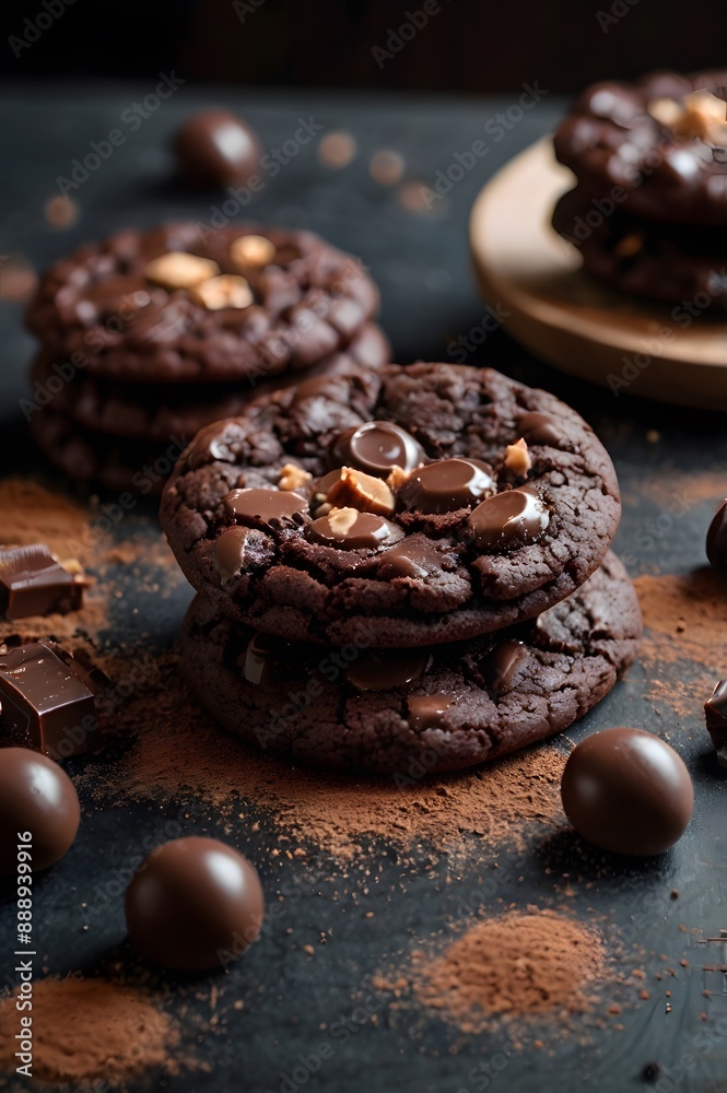 Crunchy brown chocolate chip cookies or fresh chocolatey flavour tasty biscuits, crispy choco rusk sweet snack Crunchy brown chocolate chip cookies or fresh chocolatey flavour tasty biscuits, crispy choco rusk sweet snack