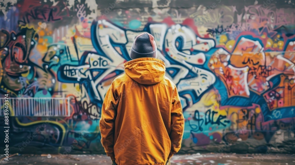 Naklejka premium A man in a yellow jacket stands in front of a wall covered in graffiti