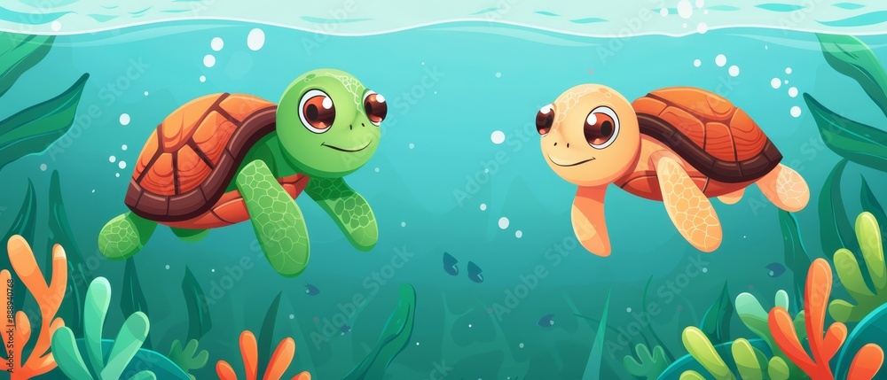 Two sea turtles swim in the ocean, beneath corals and algae-covered seabed Two sea turtles swim in the ocean, beneath corals and algae-covered seabed