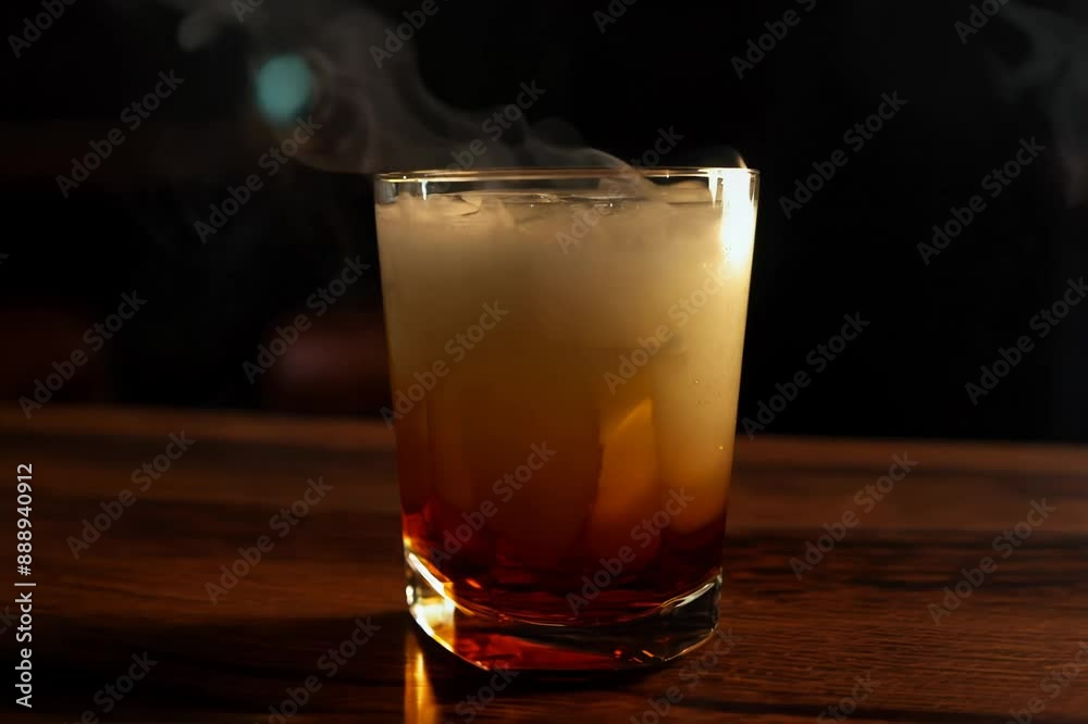 Cocktail with smoky effect, set against a dark background. This drink evokes a sense of mystery and sophistication, perfect for bar or nightlife themes Cocktail with smoky effect, set against a dark background. This drink evokes a sense of mystery and sophistication, perfect for bar or nightlife themes
