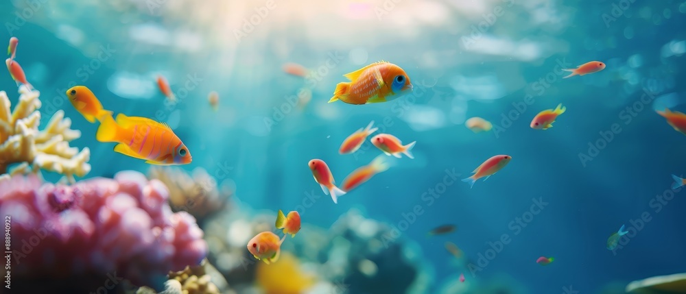 A school of small, orange fish swim in the blue ocean, surrounded by corals and sponges on the seabed A school of small, orange fish swim in the blue ocean, surrounded by corals and sponges on the seabed