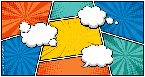 Comic books dialog bubbles. Cartoon book superhero scrapbook page template, empty comical speech clouds, graphic art frame layout template illustration. Pop art background with blank balloons