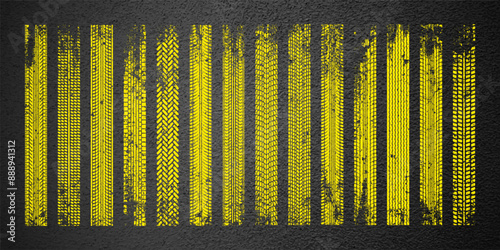 Yellow grunge tire tracks, wheel braking marks. Truck, car or motorcycle tread pattern silhouettes. Auto race, motorsport, speed racing design element. Asphalt texture. Vector illustration