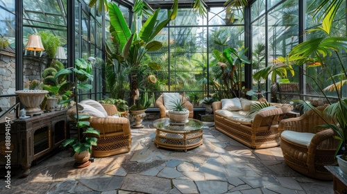 A luxurious conservatory with glass walls, tropical plants, wicker furniture, and a stone floor.