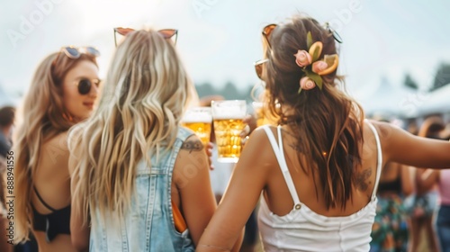 Back view of a group of female friends at a music festival drinking beer and dancing, minimalist with a pastel and white color palette.