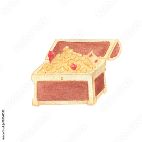 Watercolor illustration of a wooden antique chest with pile of treasures. Hand drawn brown and gold chest. Isolated