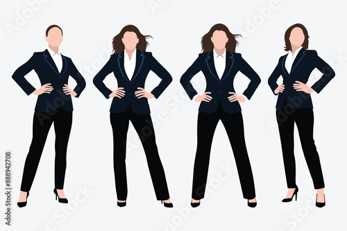 Business Woman standing with hands on waist. A group of businesswomen posing with their hands on their hips. female business character illustration isolated on white background.