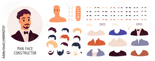 Man face constructor. Male facial features. Avatar creation kit. Different hairstyles and accessories. Eyebrows and nose shapes. Glasses and clothes. Portrait elements. Garish vector set