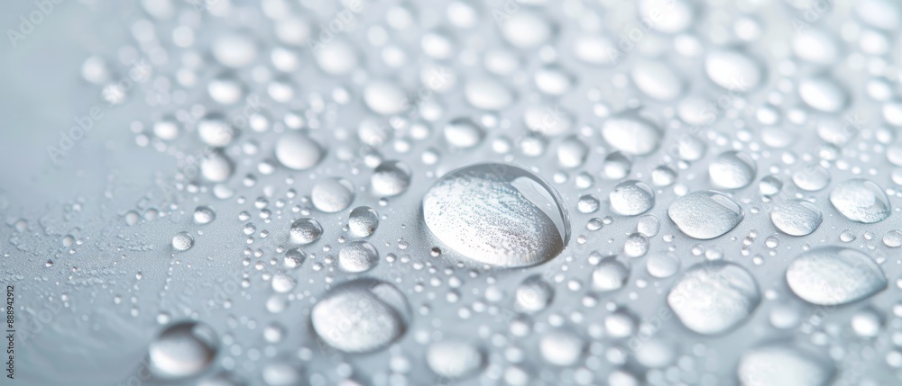 Close-up of water droplets on white surface, backdrop of light blue sky Close-up of water droplets on white surface, backdrop of light blue sky