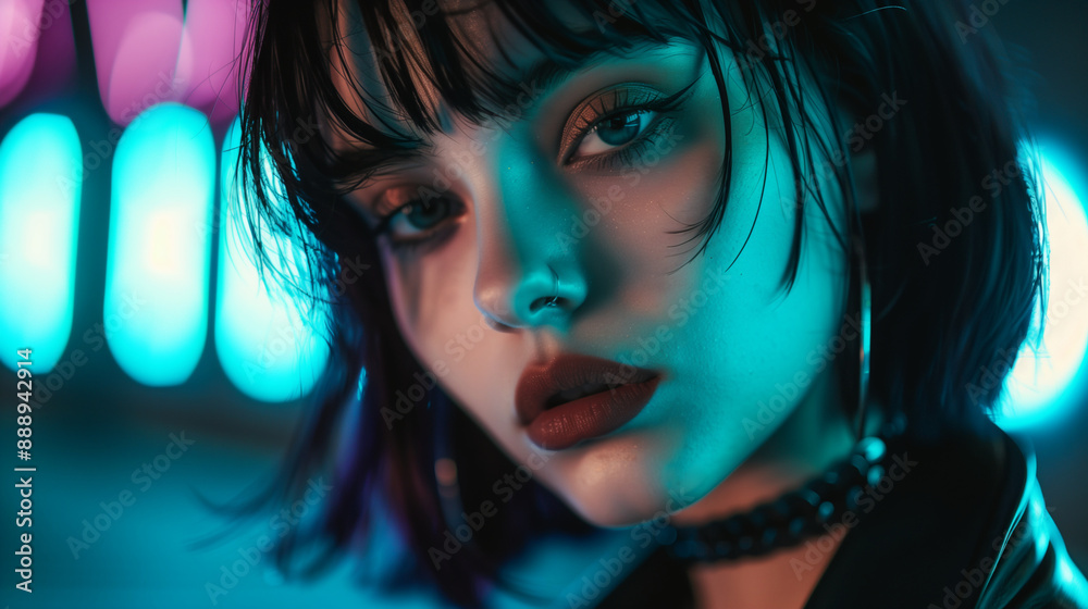 Neon-lit portrait of a young woman with short dark hair and nose piercing Neon-lit portrait of a young woman with short dark hair and nose piercing