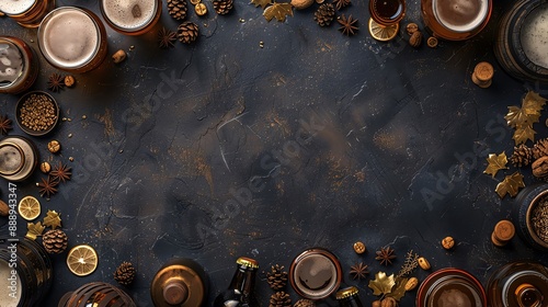 Beerrelated symbols pattern on a dark background, blank space in the center for branding purposes photo