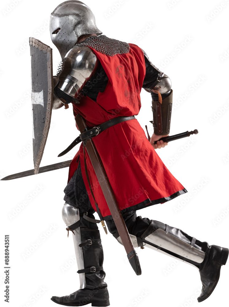 Brave warrior. Portrait of medieval warrior or knight wearing armor clothing holding shield and sword isolated on transparent background. Comparison of eras, history, renaissance style. Vintage Brave warrior. Portrait of medieval warrior or knight wearing armor clothing holding shield and sword isolated on transparent background. Comparison of eras, history, renaissance style. Vintage