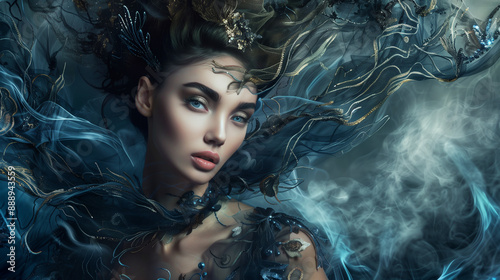 Banner with Enigmatic woman in a jeweled outfit surrounded by mystical smoke