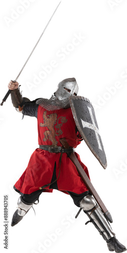 Brave warrior. Portrait of medieval warrior or knight wearing armor clothing holding shield and sword isolated on transparent background. Eras, history, renaissance style. Fashion, vintage concept photo