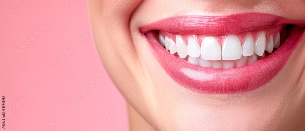 Obraz premium Close-up of a woman's face, focusing on her mouth Her teeth are brilliantly white, and her lips are vividly painted pink against the soft pink background (3