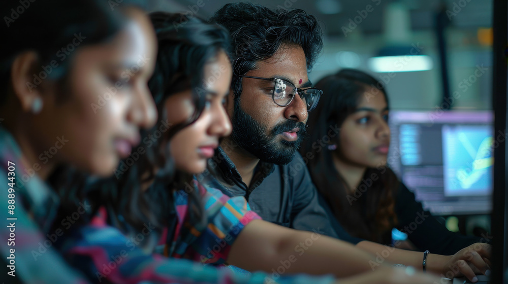 Focused discussion between an Indian software developer and his female team about a new financial software project