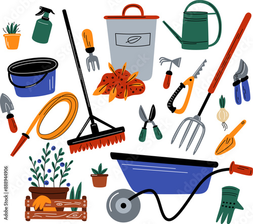 Gardening tools. Agriculture equipment. Garden shovel or rake. Gardener inventory. Planting flowers. Harvest wheelbarrow. Watering can and hose. Seeds cultivation. Garish vector set