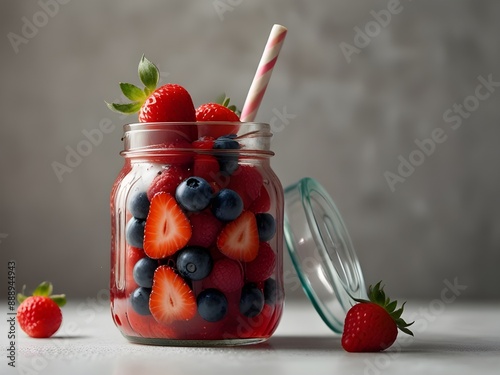 Berry cocktail with strawberry, raspberry and ice in glass jar with white bagrounds photo